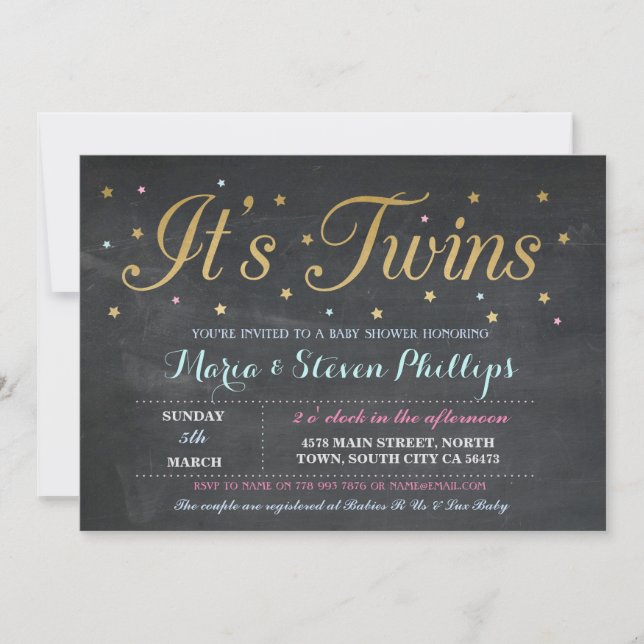 Twins Boy Girl Chalk Gold Baby Shower Invitation (Front)