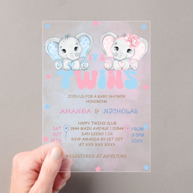 Twins Boy Girl Elephants Baby Shower Acrylic Invitations (Insitu (Handheld))