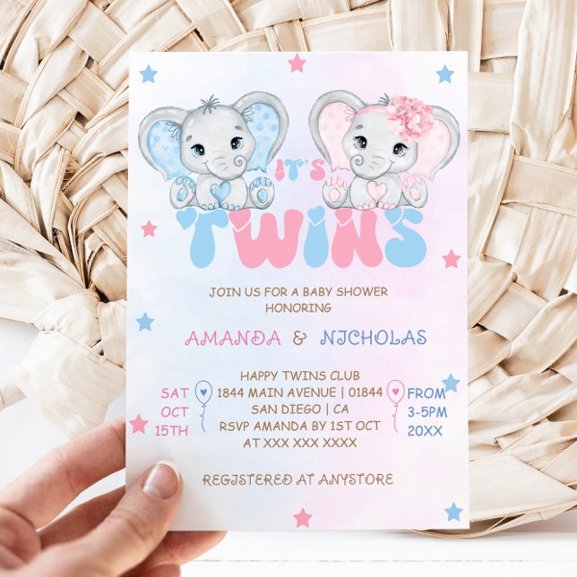 Twins Boy Girl Elephants Baby Shower Invitation (Creator Uploaded)