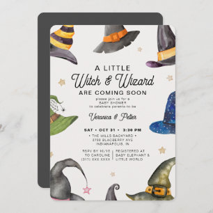 Twins Boy Girl Grey Halloween Baby Shower Invitation