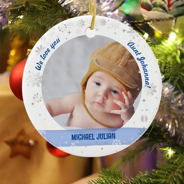 Twins Boy Girl Photos Aunt First Christmas Baby Ceramic Tree Decoration (Modern Elegant Cute We love you Aunt Auntie Our First Christmas Twins Baby Boy Girl Snowflakes Stars)