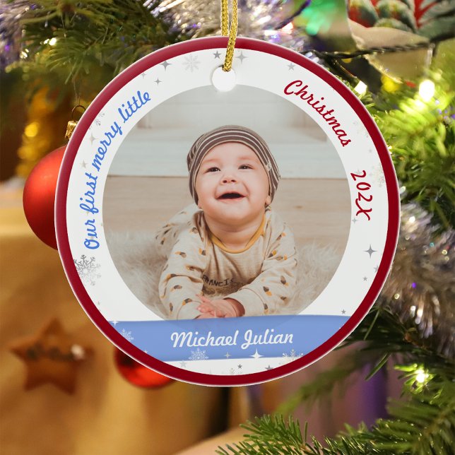 Twins Boys 2 Photos First Merry Little Christmas Ceramic Tree Decoration (Modern Elegant Cute Our First Merry Little Christmas Twins Baby Boys 2 Photos Snowflakes Red Frame)