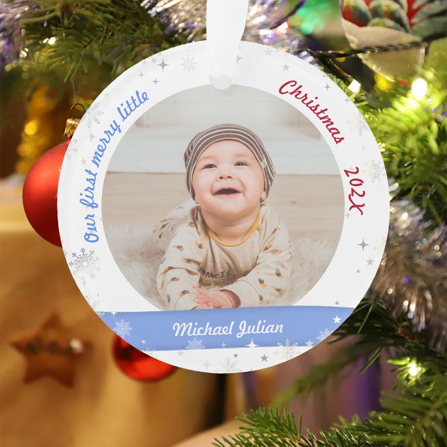 Twins Boys 2 Photos First Merry Little Christmas Ornament (Modern Elegant Cute Our First Merry Little Christmas Twins Baby Boys 2 Photos Snowflakes Stars)