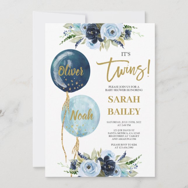 Twins Boys Baby Shower Invitation (Front)