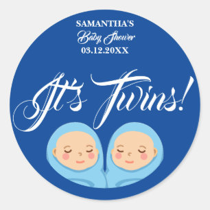 Twins Boys Baby Shower Party Blue.  Napkins Classic Round Sticker