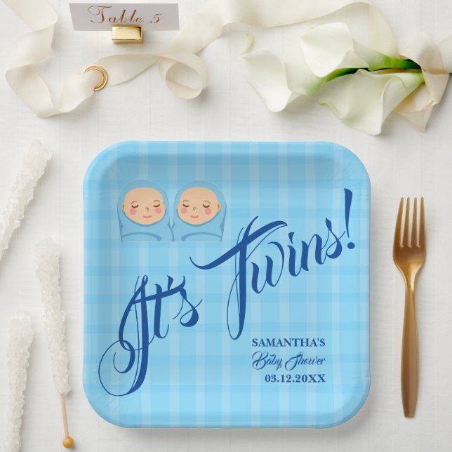 Twins Boys Baby Shower Party Blue. Paper Plate (Wedding)