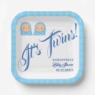 Twins Boys Baby Shower Party Blue. Paper Plate