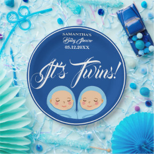 Twins Boys Baby Shower Party Blue. Paper Plate