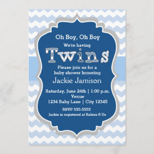 TWINS boys Blue Chevron Baby Shower Invitation