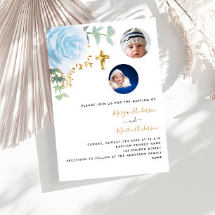 Twins boys blue floral photo baptism invitation