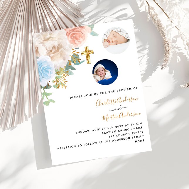 Twins boys girl blue rose florals photo baptism invitation (Creator Uploaded)
