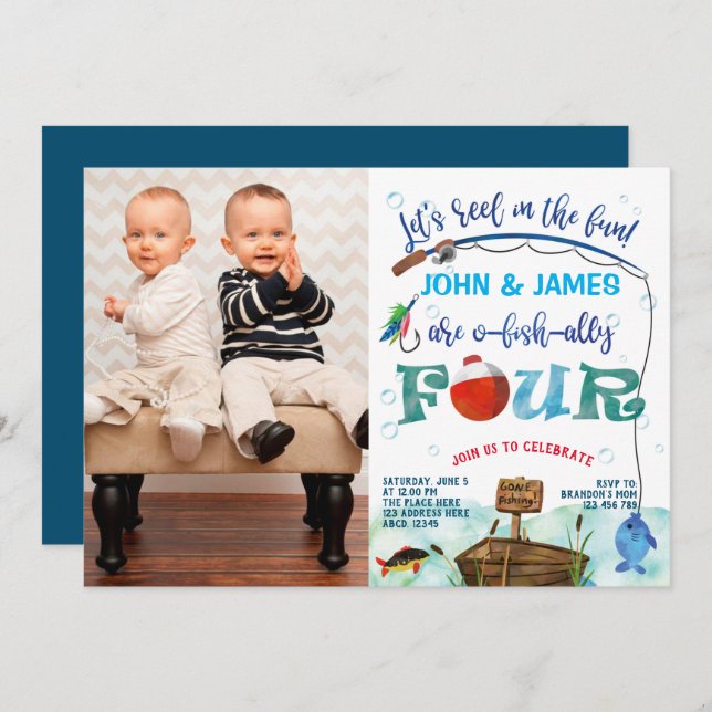 Twins boys little fisherman 4th birthday photo invitation (Front/Back)