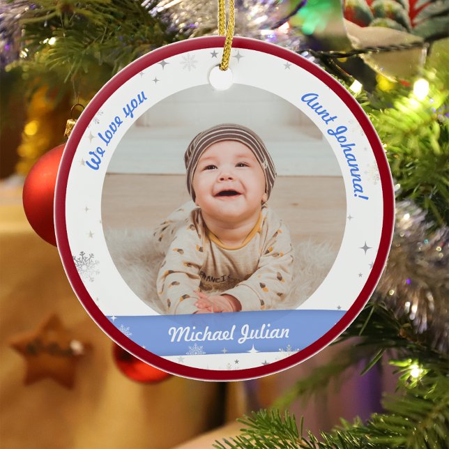 Twins Boys Photos Aunt Cute First Christmas Baby Ceramic Tree Decoration (Modern Elegant Cute First Christmas Baby Twins Boys We love you Auntie Snowflakes Stars Red Frame)
