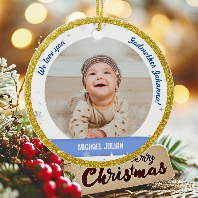 Twins Boys Photos Godmother First Christmas Baby Ceramic Tree Decoration (Cute Modern Elegant Personalized First Christmas Baby We love Godmother Twin Boys 2 Photos Golden)