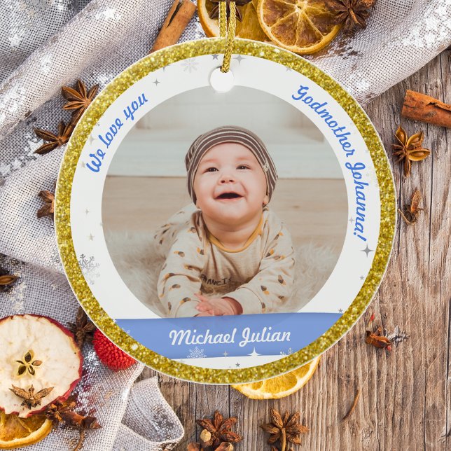 Twins Boys Photos Godmother First Christmas Baby Ceramic Tree Decoration (Modern Elegant Cute First Christmas Twin Baby Boys We love you Godmother 2 Photos Snowflakes Golden)