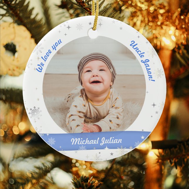 Twins Boys Photos Uncle Cute First Christmas Baby Ceramic Tree Decoration (Elegant Modern Cute First Christmas Baby Twins Boys We love you Uncle 2 Photos Snowflakes Stars)