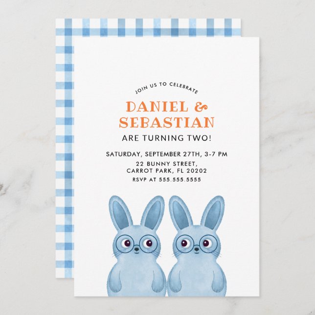 Twins Bunny Birthday Party for Baby Boys Invitation (Front/Back)