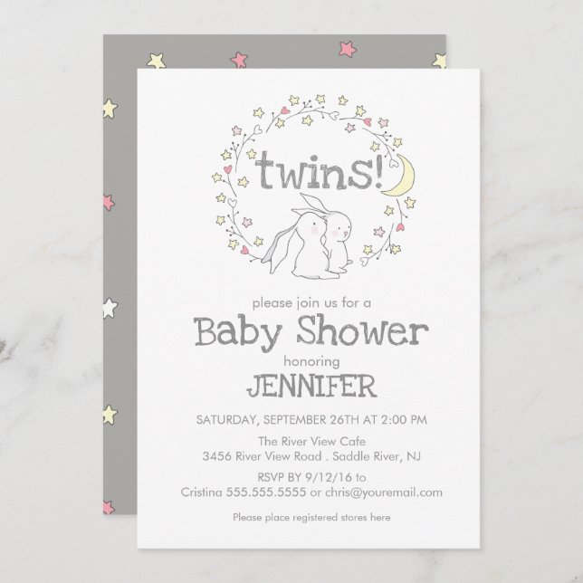 Twins Bunny  | gender neutral baby shower Invitation (Front/Back)