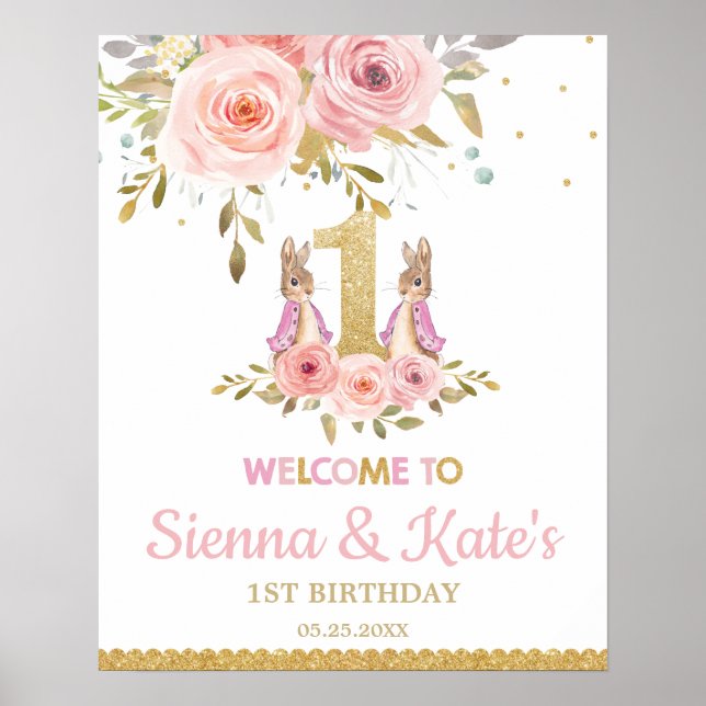 Twins Bunny Rabbit Twin Girls 1st Birthday Welcome Poster (Front)