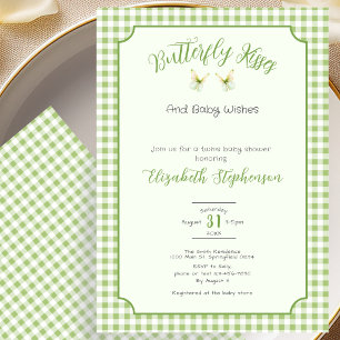 Twins Butterfly Green Gingham Gender Reveal Invitation