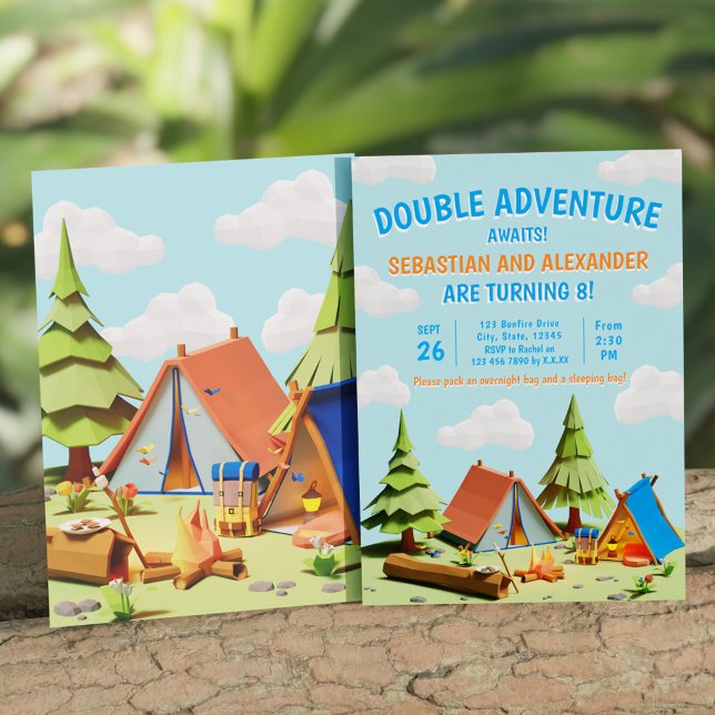 Twins Camping Double Adventure Awaits Birthday Invitation (Twins Camping Double Adventure Awaits Birthday Invitation)