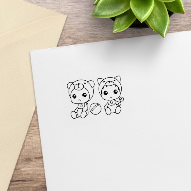 Twins Cat Bear Baby Jumpsuit 1x1 Rubber Stamp (Creator Uploaded)