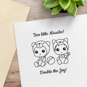Twins Cat Bear Gender Neutral Baby Shower 2 Rubber Stamp