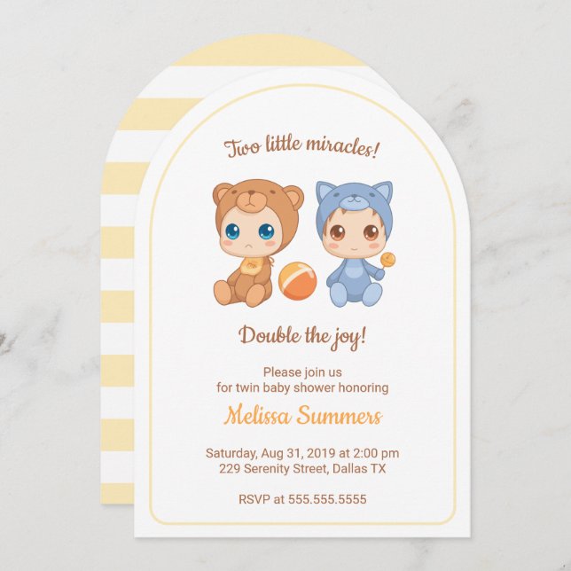 Twins Cat Bear Gender Neutral Baby Shower Invitation (Front/Back)