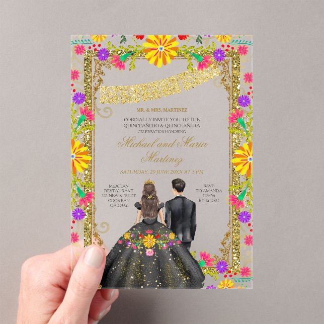 Twins Colourful Floral Fiesta Gold Frame Mis Quinc Acrylic Invitations (Insitu (Handheld))