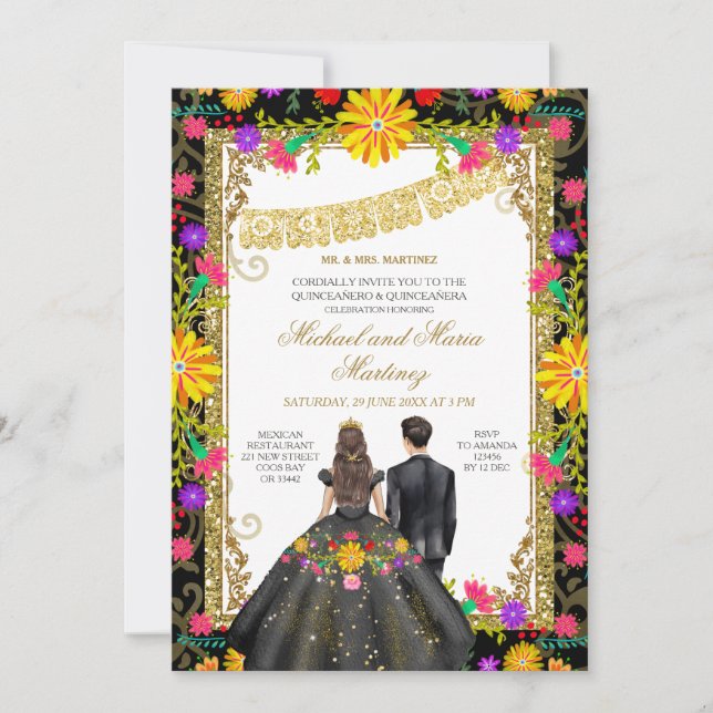 Twins Colourful Flowers Mexican Fiesta Quinceañera Invitation (Front)
