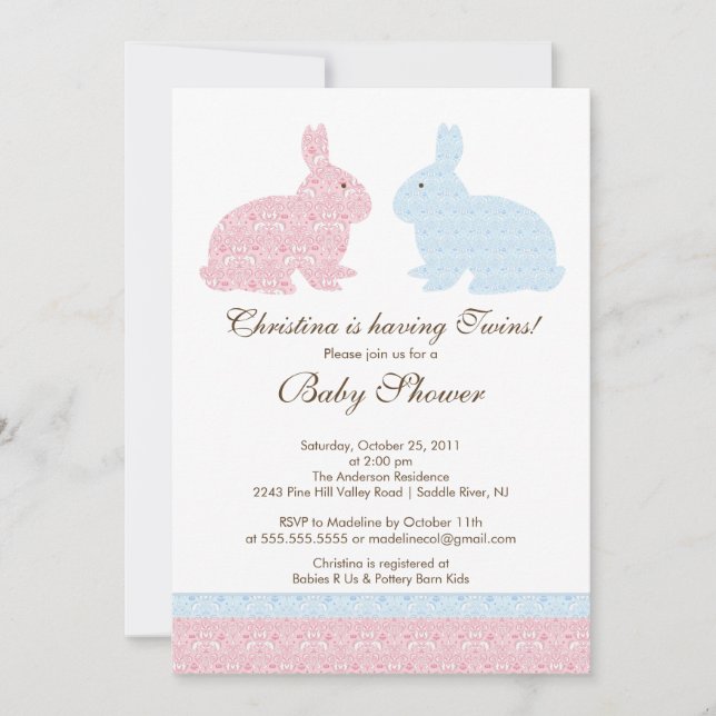 Twins Damask Bunny Baby Shower Invitation Girl Boy (Front)