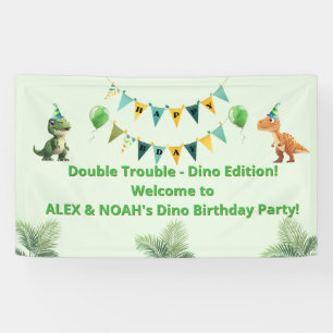 Twins Dinosaur Birthday Banner Double Trouble