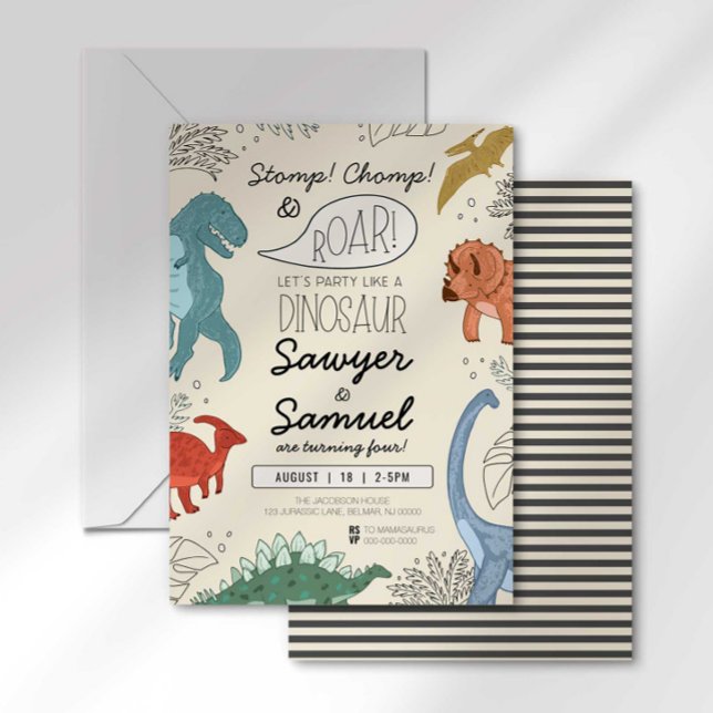 Twins Dinosaur Birthday Invitation Colourful (Creator Uploaded)