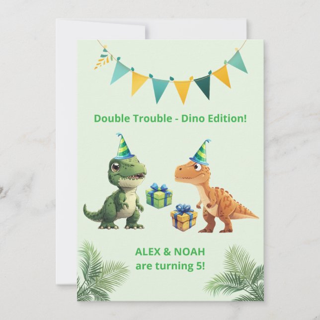 Twins Dinosaur Birthday Invitation  Double Trouble (Front)