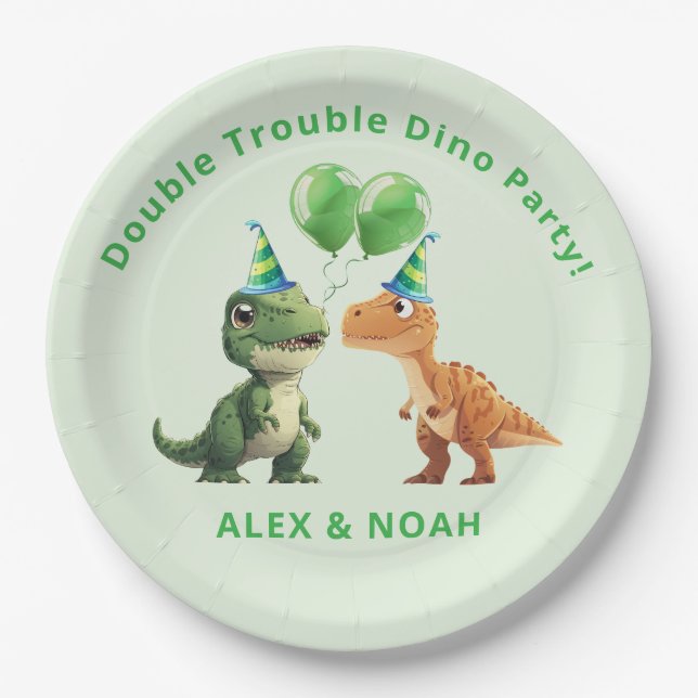 Twins Dinosaur Birthday Paper Plate Double Trouble (Front)