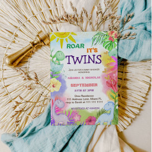 Twins Dinosaur Floral Greenery Baby Girl Shower Invitation