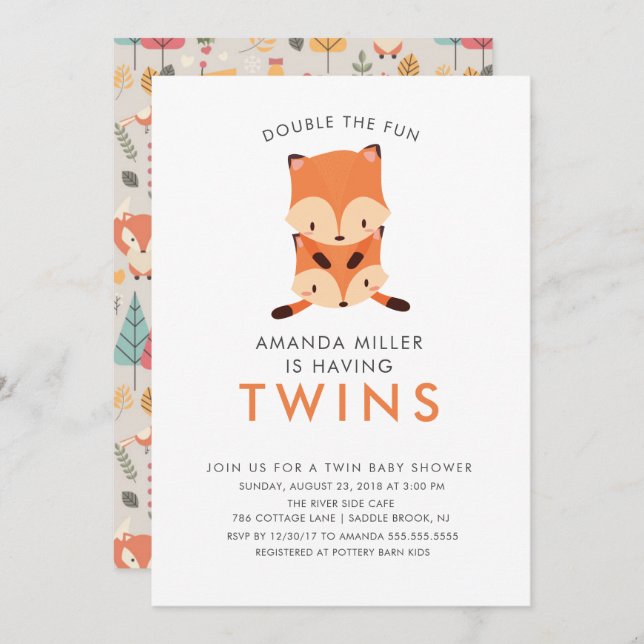 Twins Double the Fun Fox Baby Shower Invitations (Front/Back)