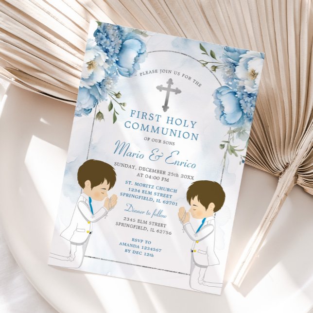 Twins Dusty Blue Flowers Boys First Holy Communion Invitation (Creator Uploaded)