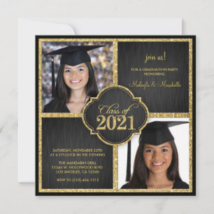 Twins! Elegant Black & Gold Glitter Class of 2021 Invitation