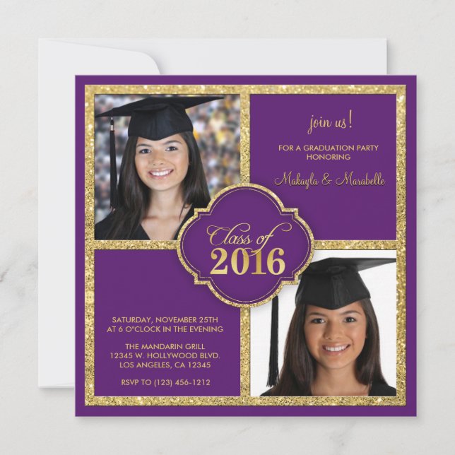 Twins Elegant Black & Purple Glitter Class of 2016 Invitation (Front)