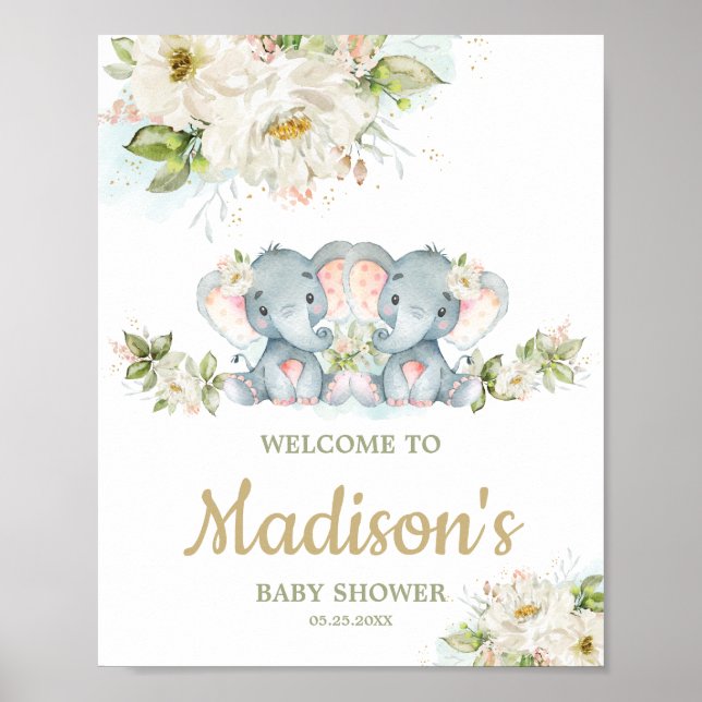 Twins Elephant Twin Girls Baby Shower Welcome Sign (Front)