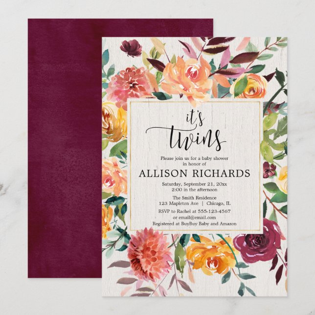 Twins fall gender neutral floral watercolors invitation (Front/Back)