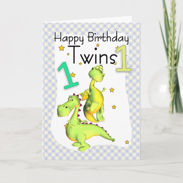 Twins First Birthday Card - Cute Dragons (Front)