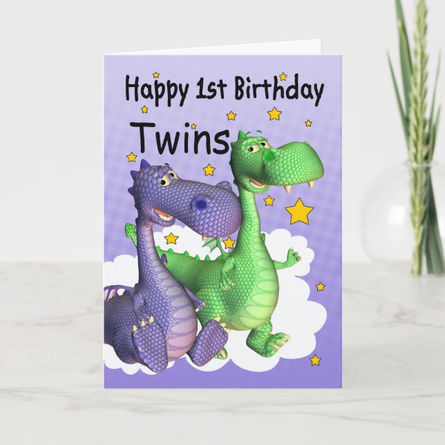 Twins First Birthday Card - Cute Dragons (Front)