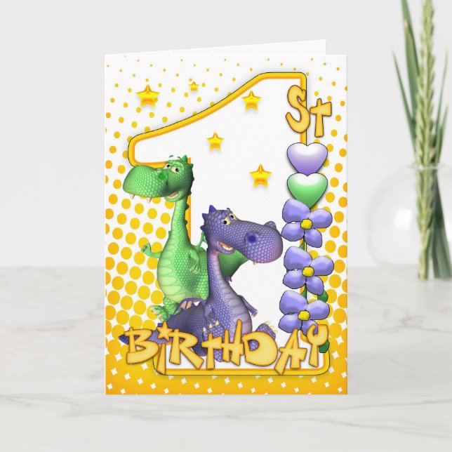 Twins First Birthday Card - Cute Dragons (Front)