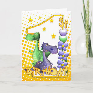 Twins First Birthday Card - Cute Dragons