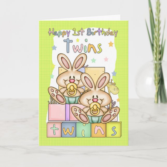 Twins First Birthday Card - Two Little Rabbits (Front)