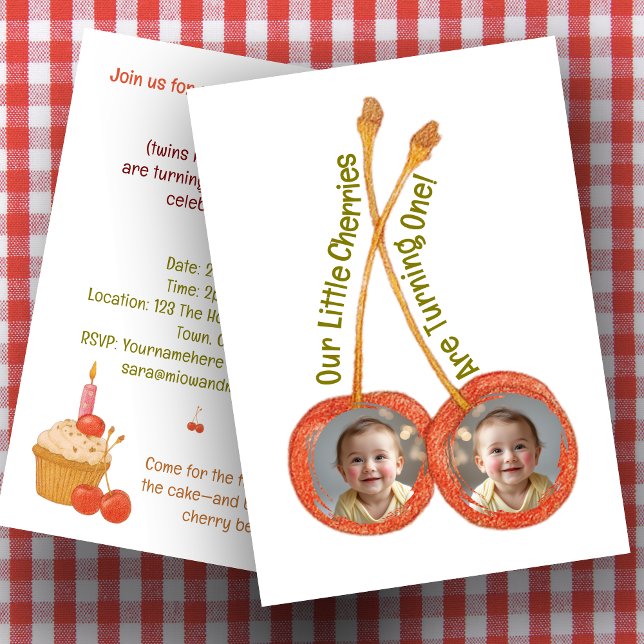 Twins first birthday party Cherry 1st twins Invitation (Creator Uploaded)