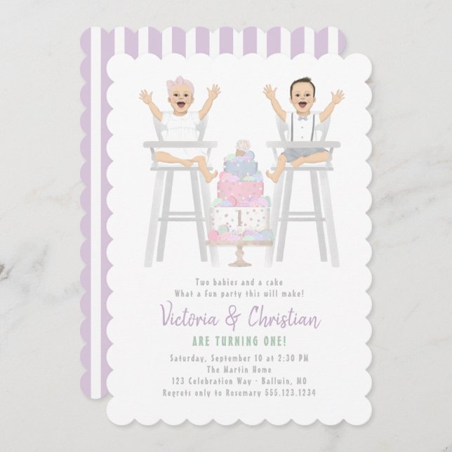 Twins First Birthday Smash Cake Invitation (Front/Back)