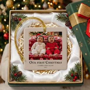 Twins First Christmas baby photo Beige Ceramic Ornament